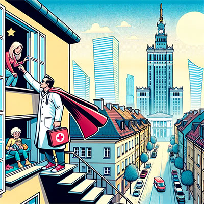 Komiks przedstawiający wizyty domowe dla dzieci w Warszawie Pediatric Home Heroes w Warszawie. Pokazuje krok trzeci lekarza przybywającego na umówioną wizytę prosto do domu pacjenta. 