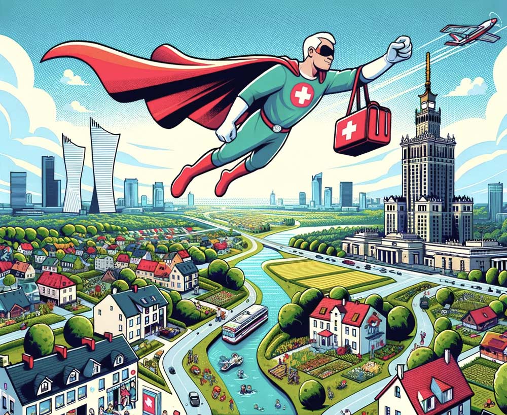 Komiks przedstawiający lekarza z Pediatric Home Heroes lecącego na wizyty domowe dla dzieci w Warszawie i okolicach.